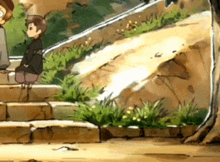 a cartoon drawing of a boy sitting on a set of steps