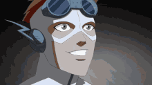 a close up of a cartoon character wearing a helmet and goggles