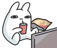 a cartoon drawing of a rabbit drinking a cup of coffee