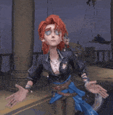 a cartoon character with red hair is wearing a black jacket and a blue skirt