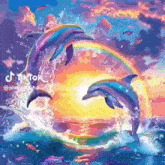a painting of dolphins jumping in the water with a rainbow in the background .