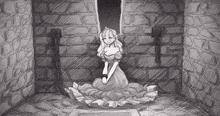a black and white drawing of a woman in a dress kneeling down in a stone room .