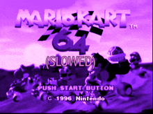 a purple screen with mario kart 64 written on it