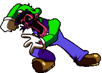 a cartoon character with a green hat and overalls is standing on a white background