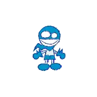 a blue cartoon character with a scarf around his neck is smiling and giving a thumbs up .