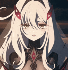 a girl with long white hair and red wings