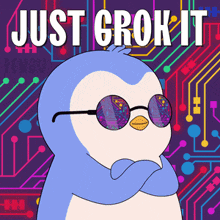 a penguin wearing sunglasses and a scarf with the words just grok it above it
