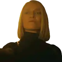 a woman with blonde hair is wearing a black turtleneck sweater