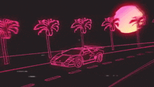 a neon drawing of a car driving down a road with palm trees and the sun in the background .
