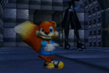a cartoon squirrel is standing in a dark room with a robot in the background