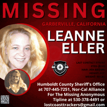 a missing poster for leanne eller from garberville in california