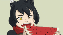 a pixel art drawing of a girl with cat ears eating a slice of watermelon