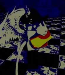 a cartoon character with wings is standing on a checkered floor