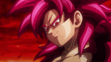 a close up of a cartoon character with pink hair and red eyes