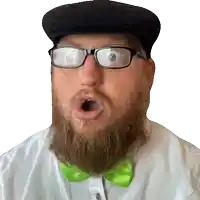 a man with a beard wearing glasses and a green bow tie is making a surprised face