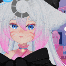 a girl with pink hair and blue eyes is wearing a black cat hat