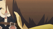 a close up of a person 's head with a yellow belt around their waist