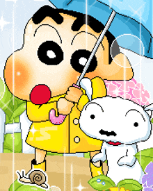 a pixel art of a cartoon character holding an umbrella and a snail