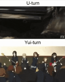 a group of anime girls playing guitars with the words yui-turn above them