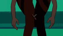 two cartoon characters are standing next to each other and one of them is purple