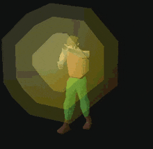 a pixel art of a man in green pants standing in a dark room .