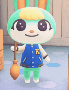 a cartoon character with a letter k on his jacket