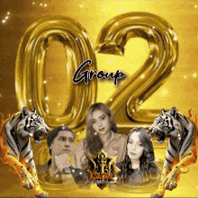 a group of people are surrounded by tigers with the number 02 in the background
