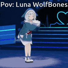 a shark girl is dancing on a stage with the words pov luna wolfbones above her