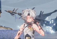 a cartoon character with white hair is standing in a field with a dragon in the background