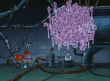 a cartoon character with boxing gloves stands in front of a bunch of pink objects