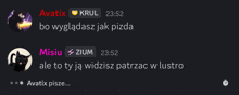 a screenshot of a chat with two people named avatix and krul