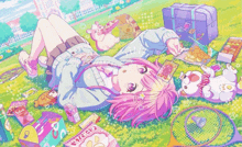 a girl with pink hair is laying on the grass with a badminton racket and other items