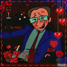 a picture of a man with glasses and a bottle of champagne with the words " i love my hubby " at the top