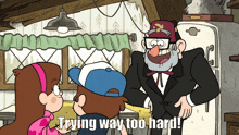 a cartoon character says trying way too hard in a kitchen