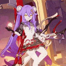 a girl with purple hair is holding a sword in her hand