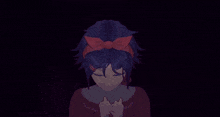 a girl with blue hair wearing a red headband with a bow