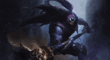 a man in a purple outfit is holding a sword