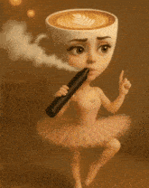 a ballerina with a cup of coffee on her head holds a bottle