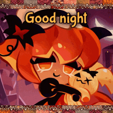 a picture of a girl with a pumpkin on her head and the words good night above her