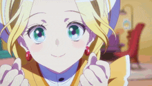 a girl with blonde hair and red earrings giving a thumbs up