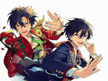 two anime characters are standing next to each other on a white background . one of the characters is wearing a red jacket .
