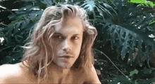 a shirtless man with long blonde hair and a beard is standing in front of a lush green forest .