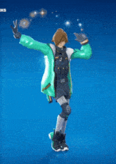 a person with their arms outstretched in front of a blue background that says ' cks ' on it