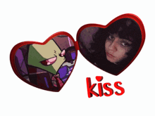 a heart shaped picture frame with a picture of a girl and the word kiss below it