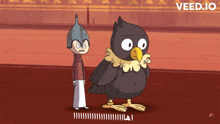 a cartoon of a boy and a bird with the word veed.io on the bottom right