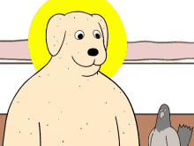 a cartoon drawing of a dog with a yellow circle around its head