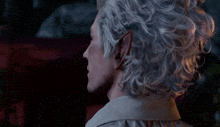 a woman with gray hair and elf ears is standing in the dark .