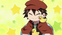 a cartoon character with a rubber duck on his neck