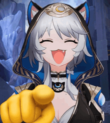 a cartoon character with a yellow fist pointing at someone