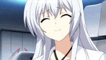 a girl with long white hair is smiling and looking at the camera